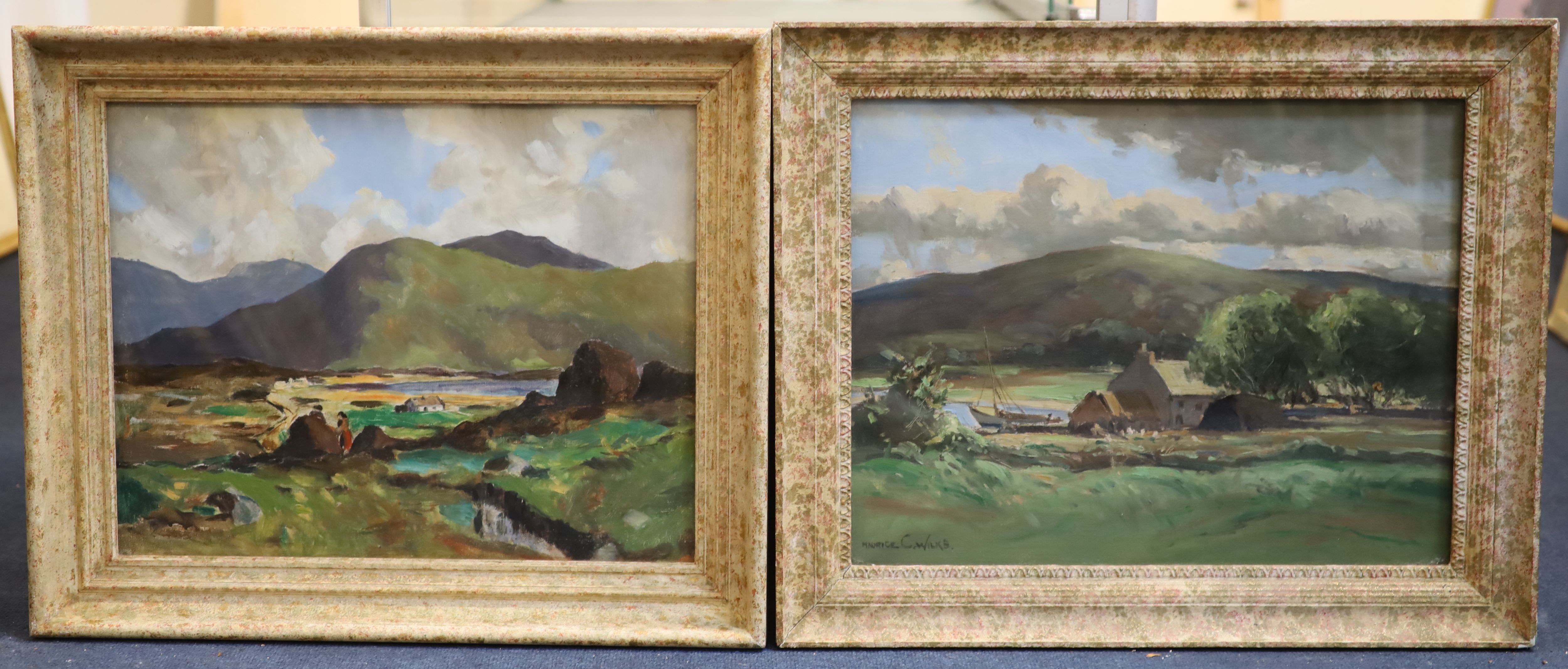 Maurice Canning Wilks (1910–1984) Cottage and sailing boat in a landscape and figure and cottage in an extensive landscape 14 x 18in. a